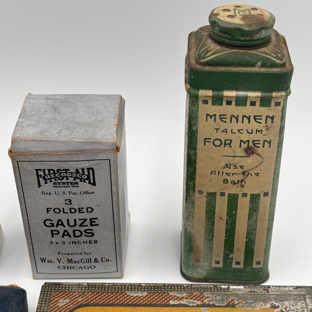 Vintage Apothecary Tin Lot Gillette Razor Bakelite Shaving Brush Mennen Tins - Picture 2 of 9